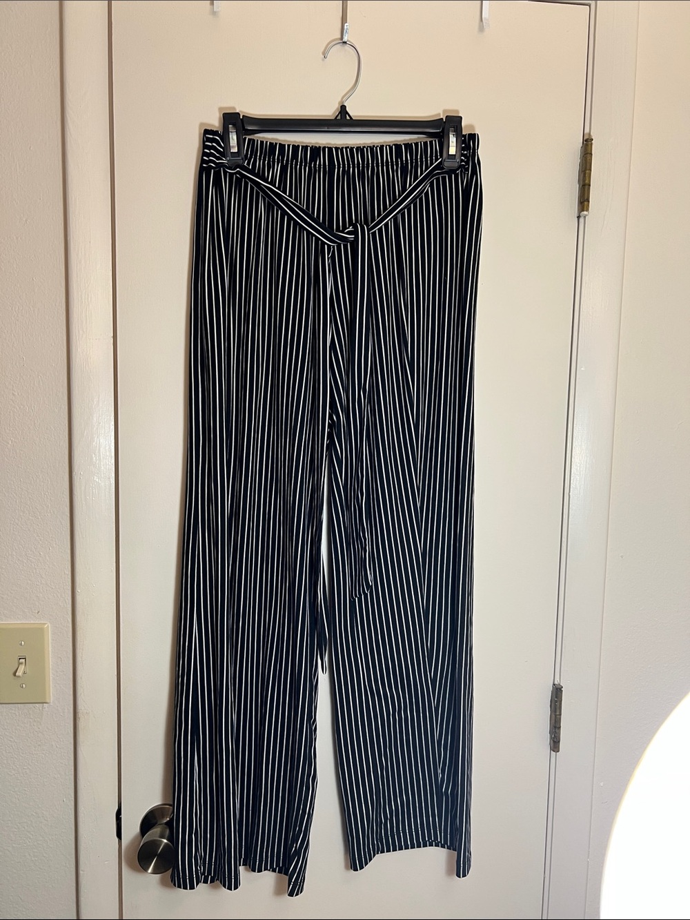 Black & White Vertical Stripe Wide-Leg Tie-Waist Pants